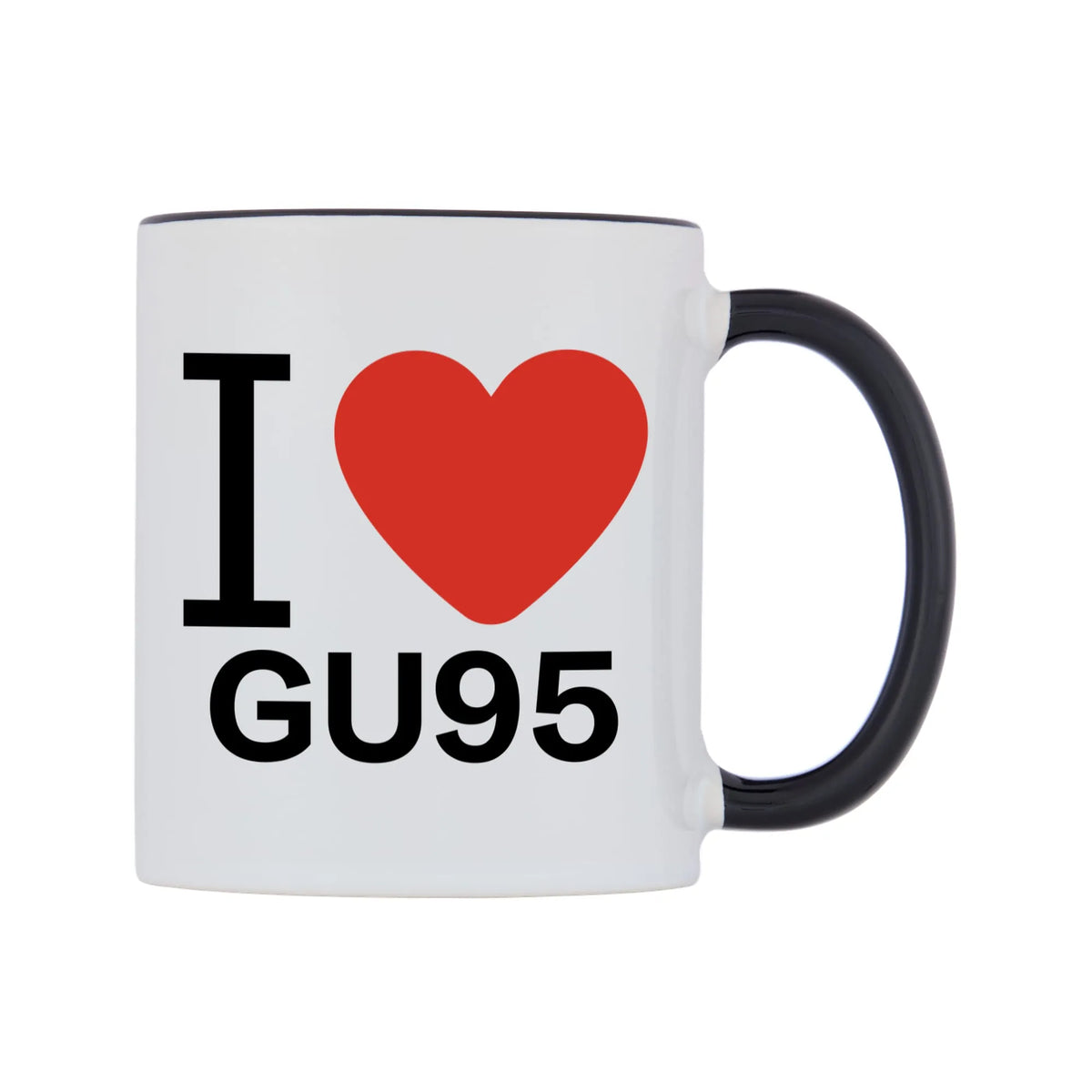 I Love GU95 Mug — white 11oz gloss mug with a black inside and handle, left side, on a white background