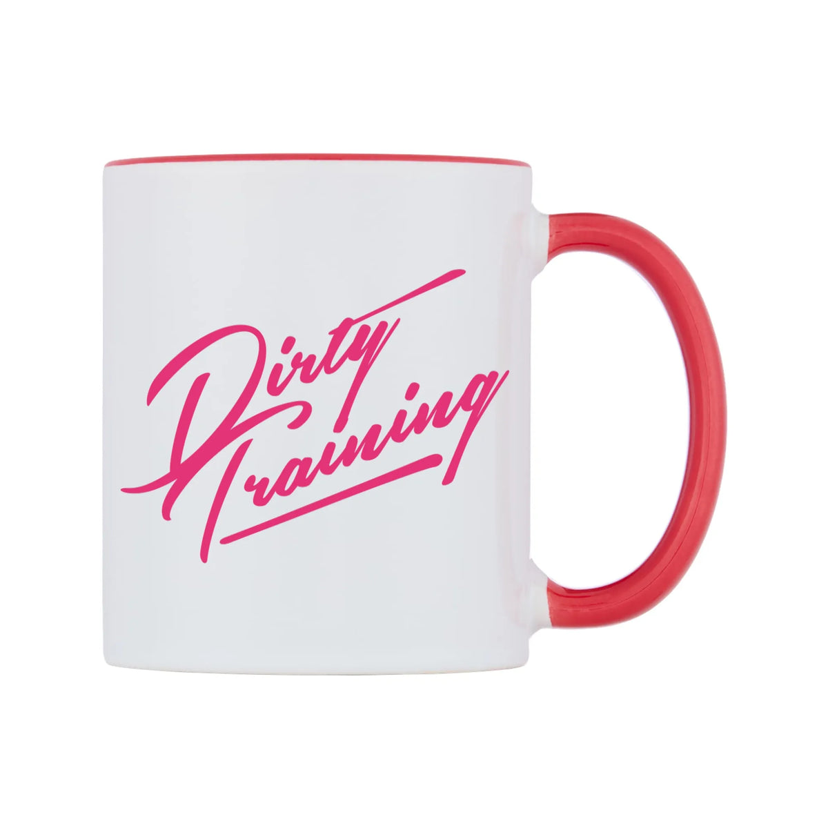 Dirty Training Mug — white 11oz gloss mug with a red inside and handle, left side, on a white background