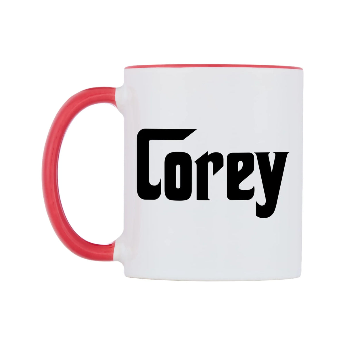 Corey - Godfather Themed Mug — white 11oz gloss mug with a red inside and handle, right side, on a white background