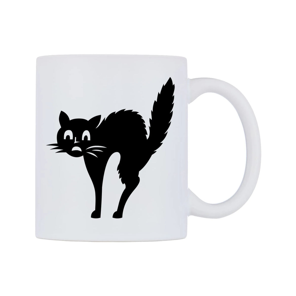 Scared Black Cat Mug — white 11oz gloss mug, left side, on a white background