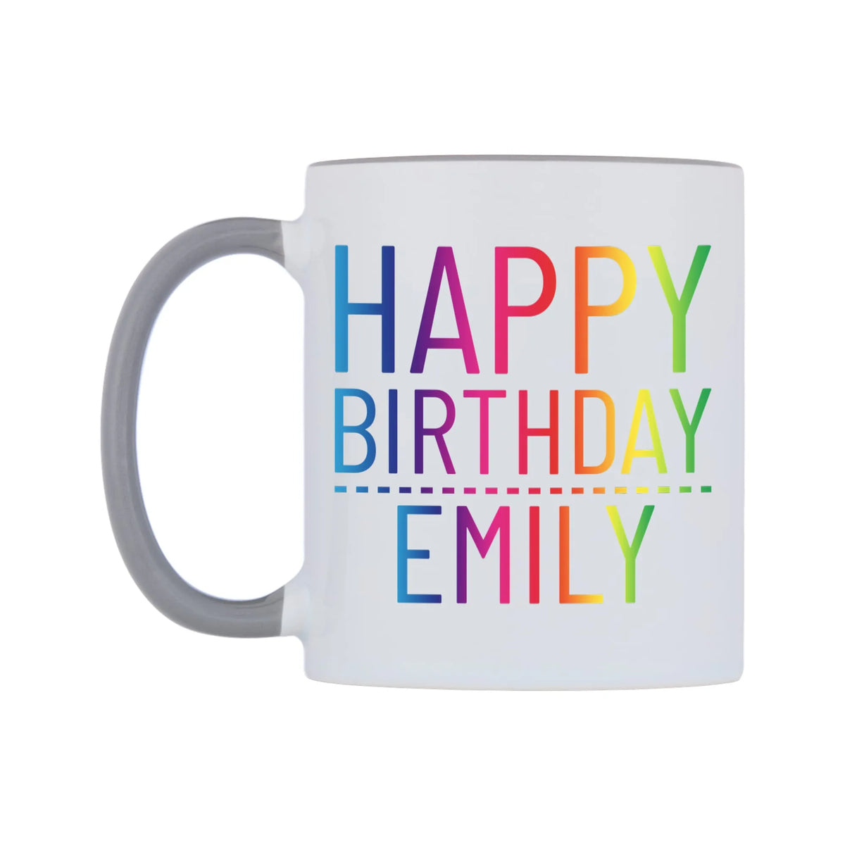 Personalised Happy Birthday (Rainbow) Mug — white 11oz gloss mug with a grey inside and handle, right side, on a white background