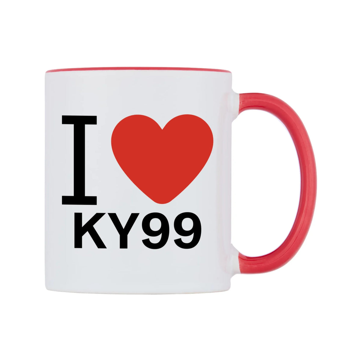 I Love KY99 Mug — white 11oz gloss mug with a red inside and handle, left side, on a white background