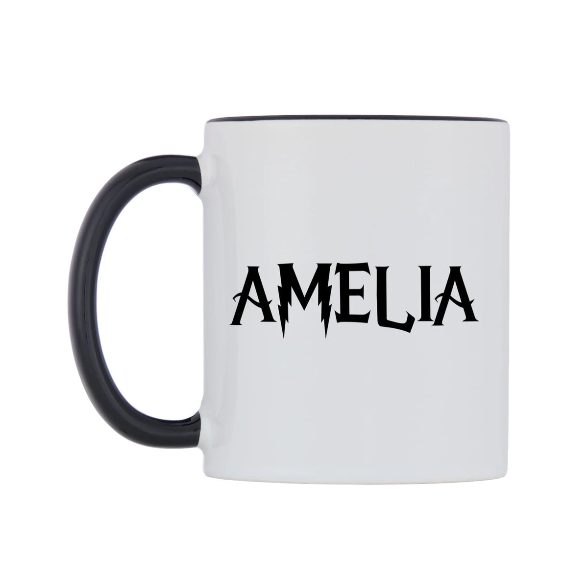 Amelia - Wizard Themed Mug — white 11oz gloss mug with a black inside and handle, right side, on a white background