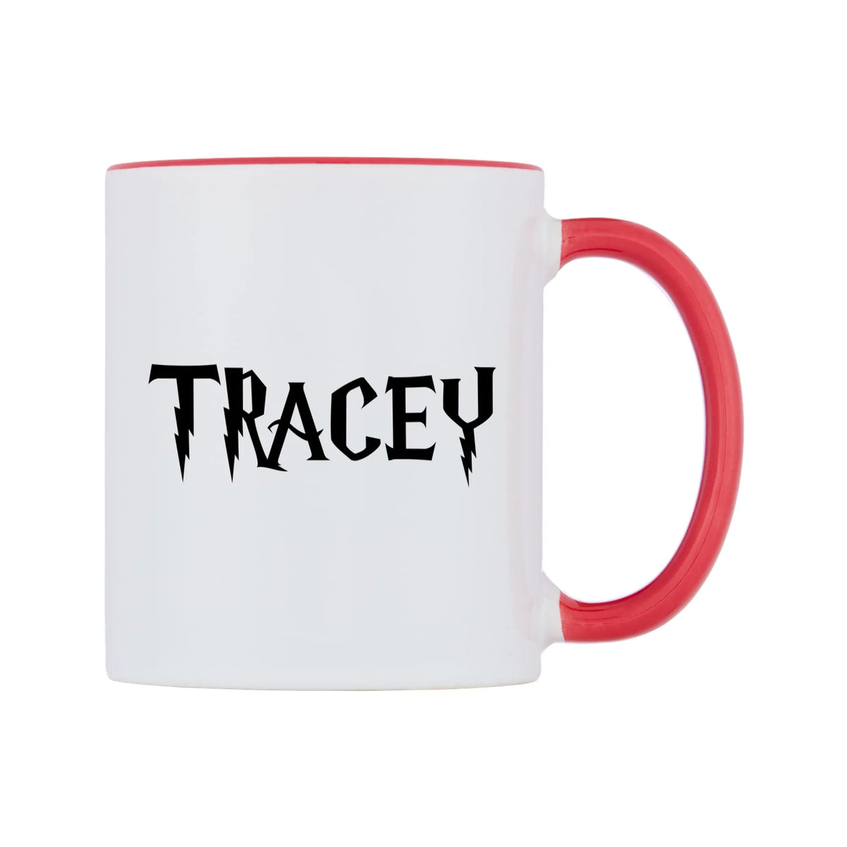 Tracey - Wizard Themed Mug — white 11oz gloss mug with a red inside and handle, left side, on a white background
