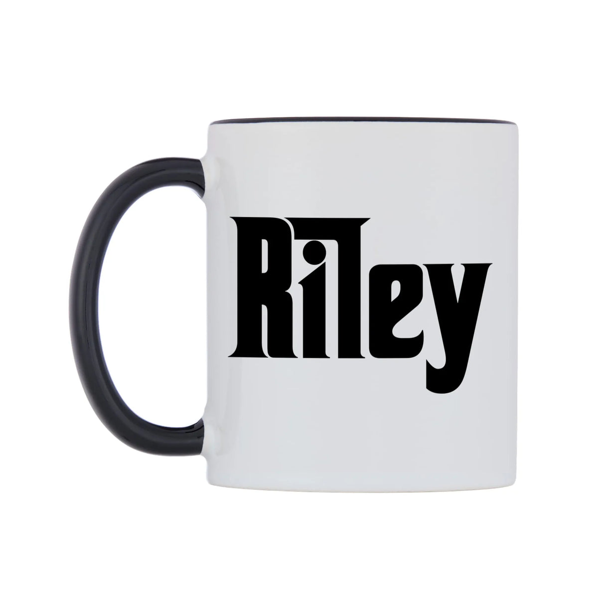 Riley - Godfather Themed Mug — white 11oz gloss mug with a black inside and handle, right side, on a white background