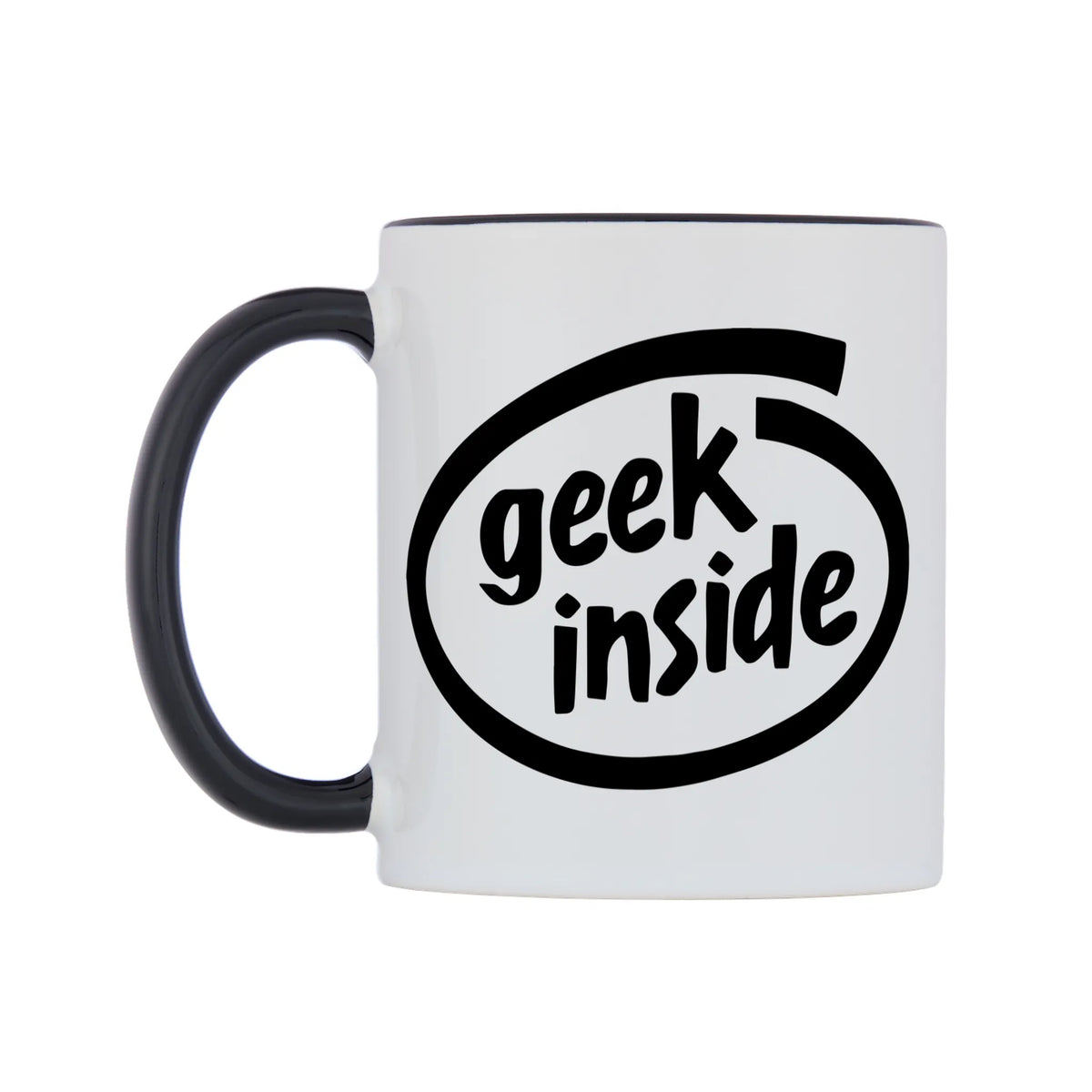 Geek Inside Mug — white 11oz gloss mug with a black inside and handle, right side, on a white background