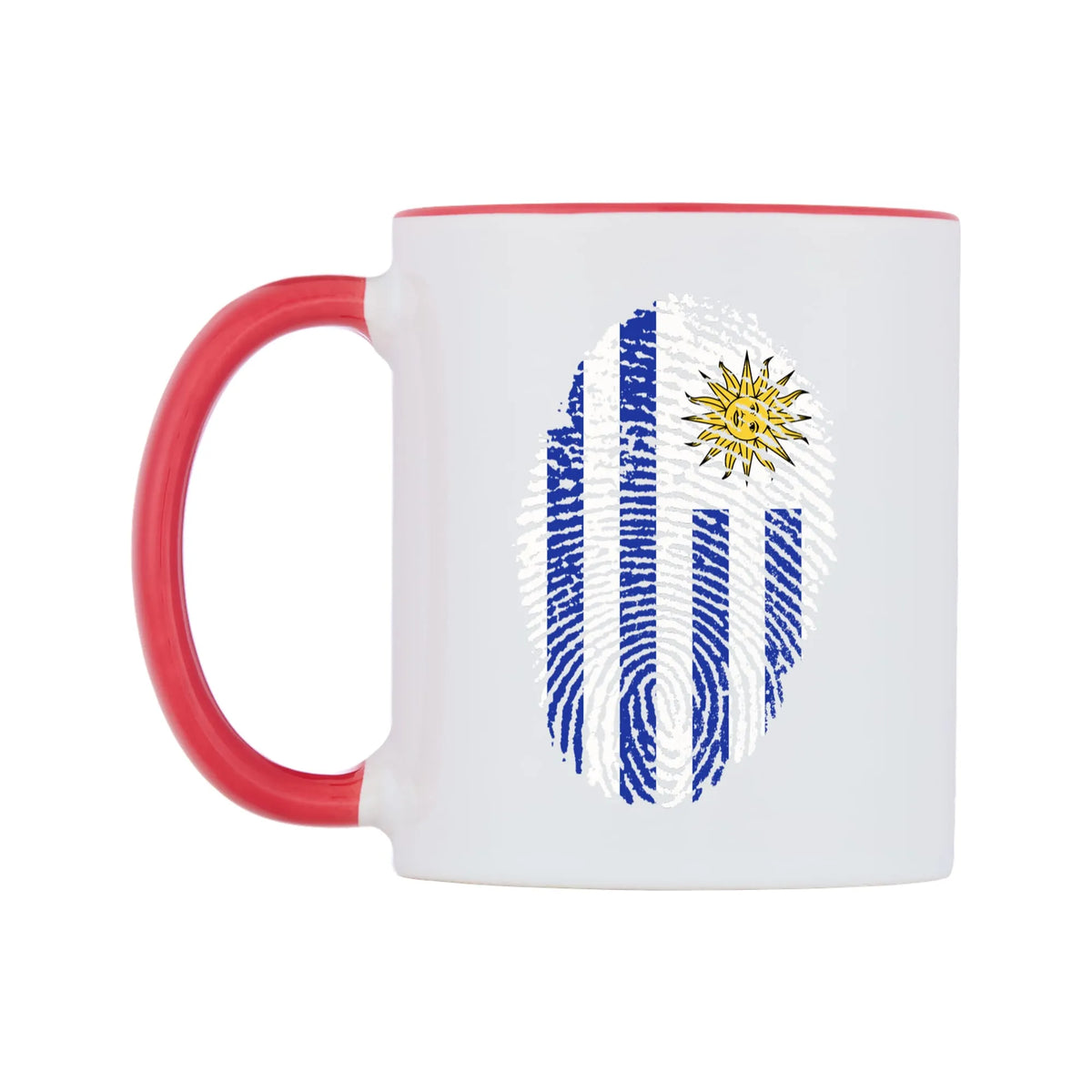 Uruguay Finger Print Flag Mug — white 11oz gloss mug with a red inside and handle, right side, on a white background