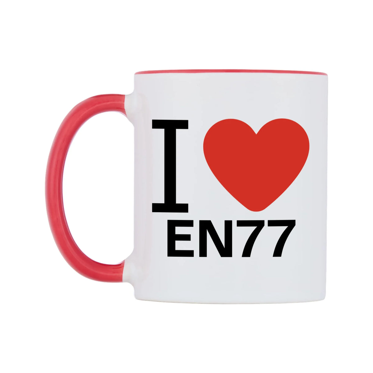 I Love EN77 Mug — white 11oz gloss mug with a red inside and handle, right side, on a white background
