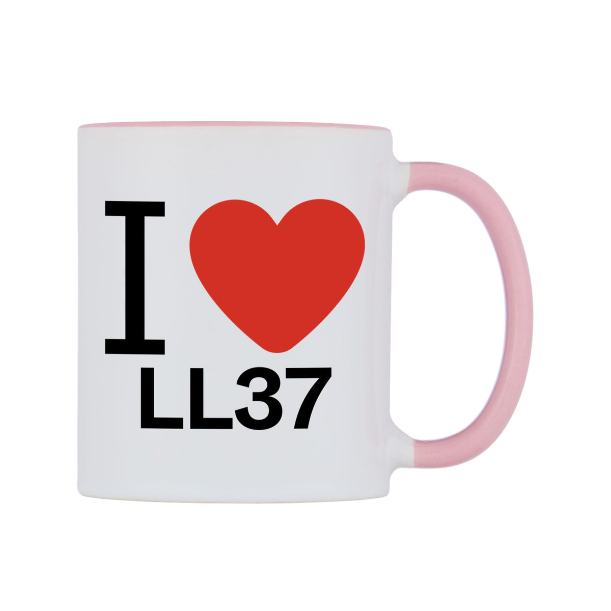 I Love LL37 Mug — white 11oz gloss mug with a pink inside and handle, left side, on a white background