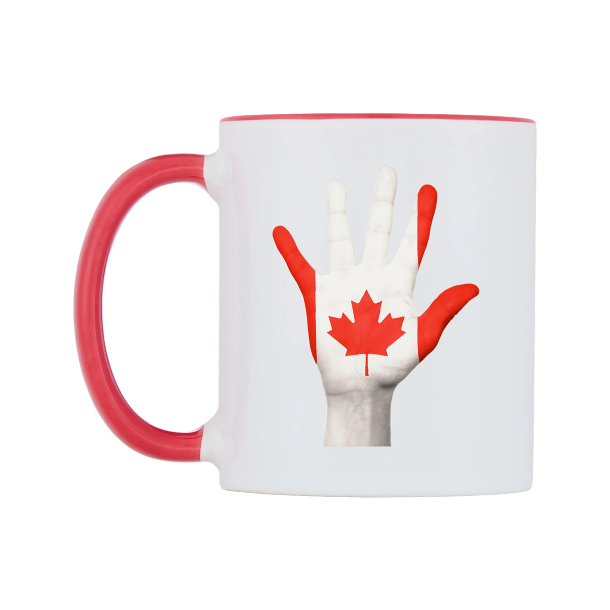 Canada Hand Flag Mug — white 11oz gloss mug with a red inside and handle, right side, on a white background