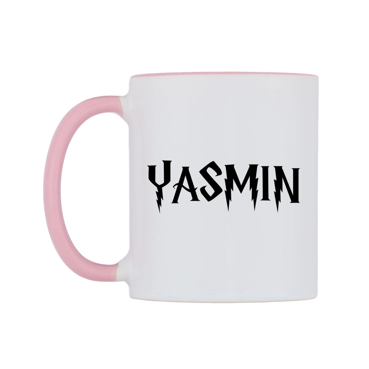 Yasmin - Wizard Themed Mug — white 11oz gloss mug with a pink inside and handle, right side, on a white background
