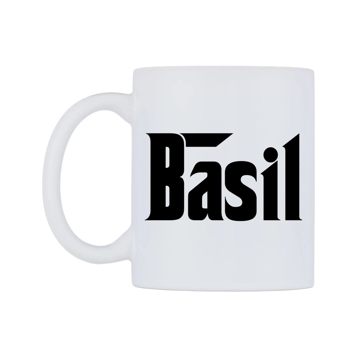 Basil - Godfather Themed Mug — white 11oz gloss mug, right side, on a white background