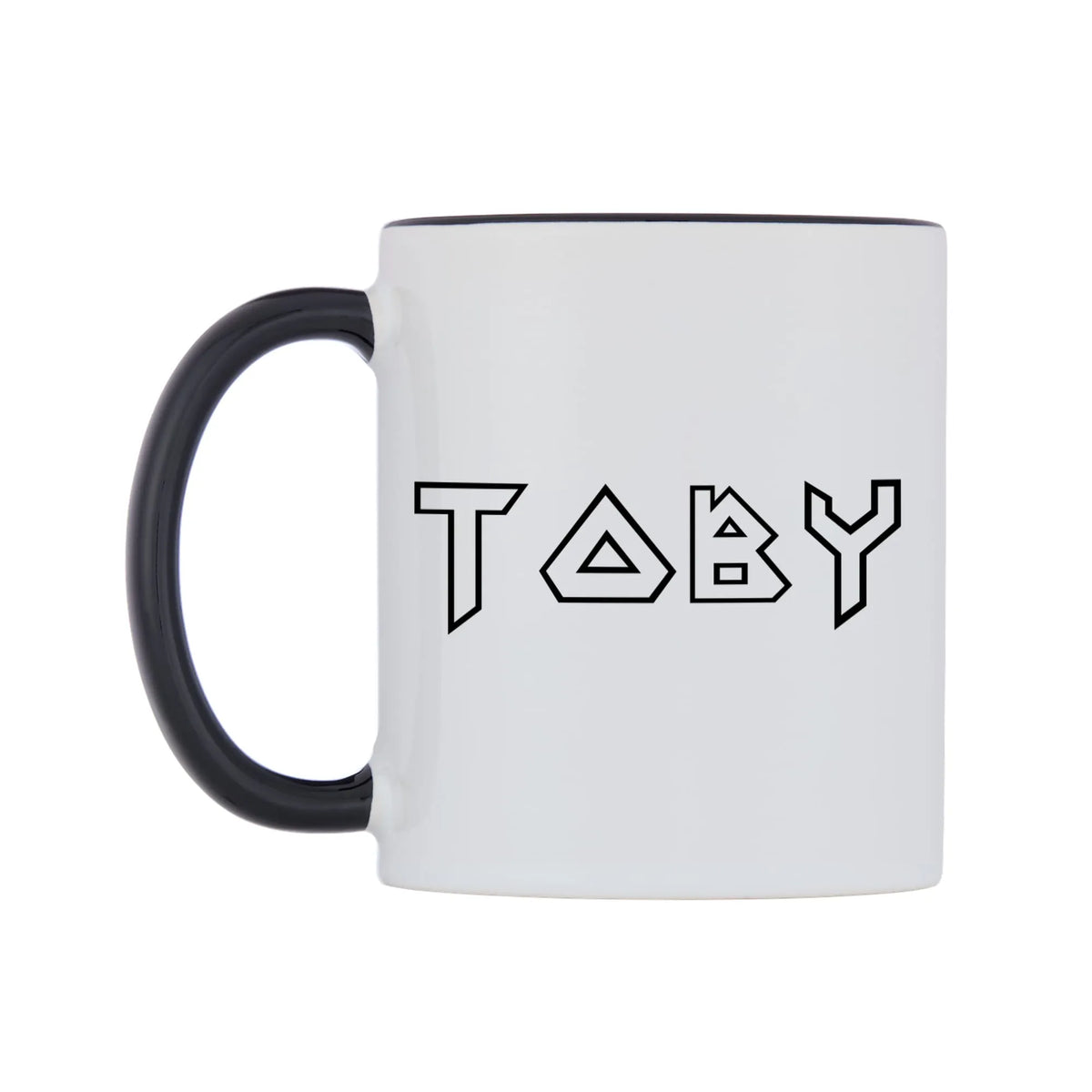 Toby - Iron Maiden Themed Mug — white 11oz gloss mug with a black inside and handle, right side, on a white background