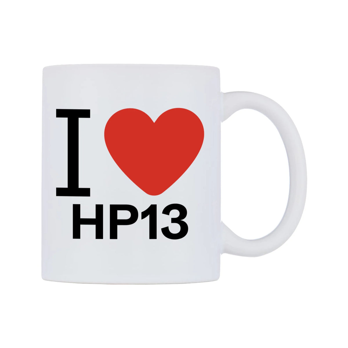 I Love HP13 Mug — white 11oz gloss mug, left side, on a white background