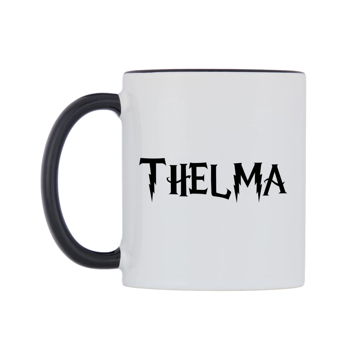 Thelma - Wizard Themed Mug — white 11oz gloss mug with a black inside and handle, right side, on a white background