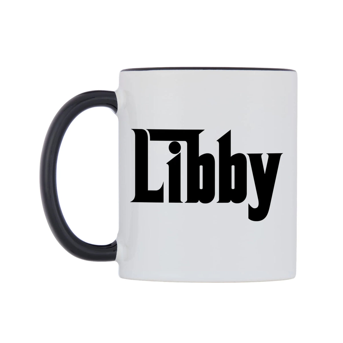 Libby - Godfather Themed Mug — white 11oz gloss mug with a black inside and handle, right side, on a white background