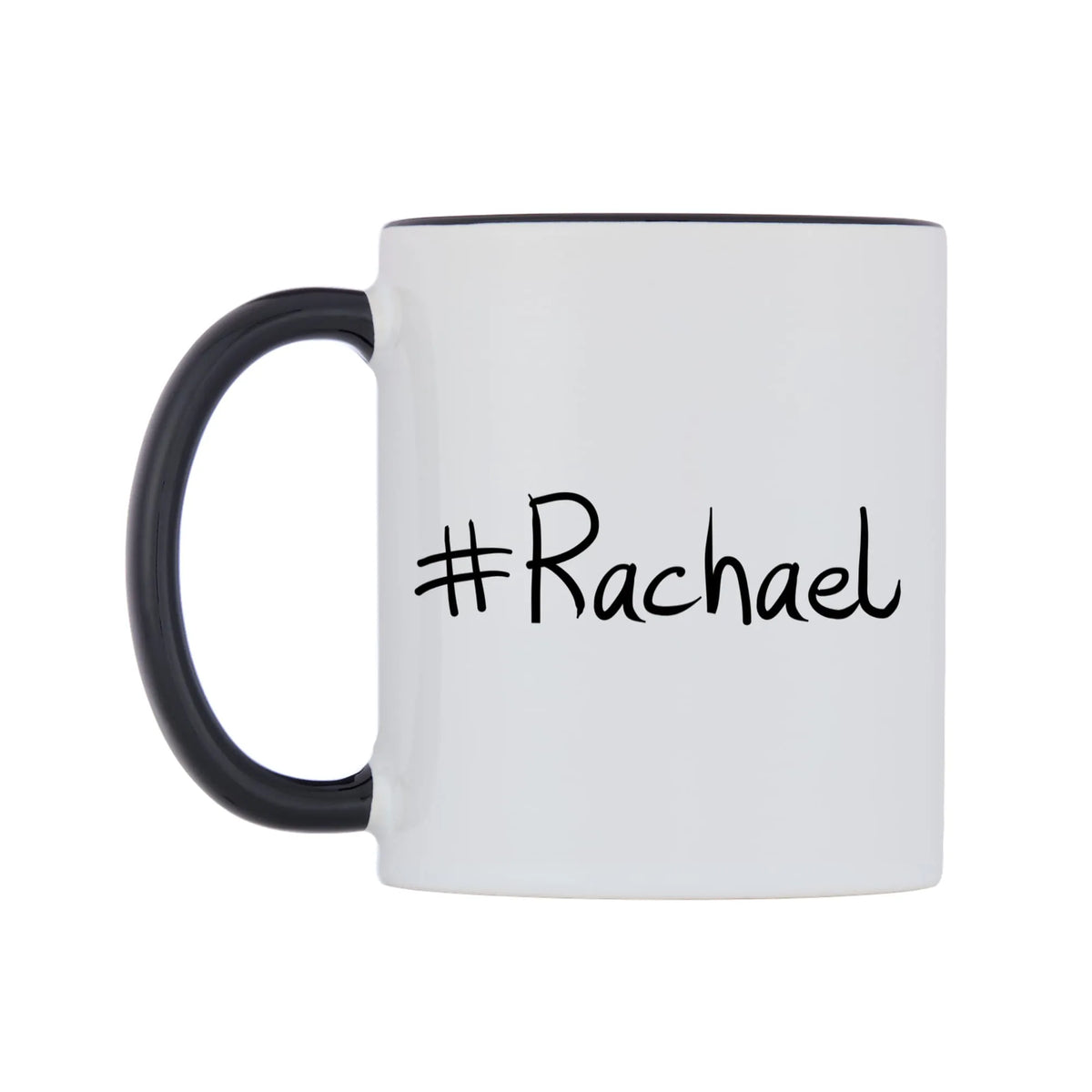 Rachael Mug — white 11oz gloss mug with a black inside and handle, right side, on a white background
