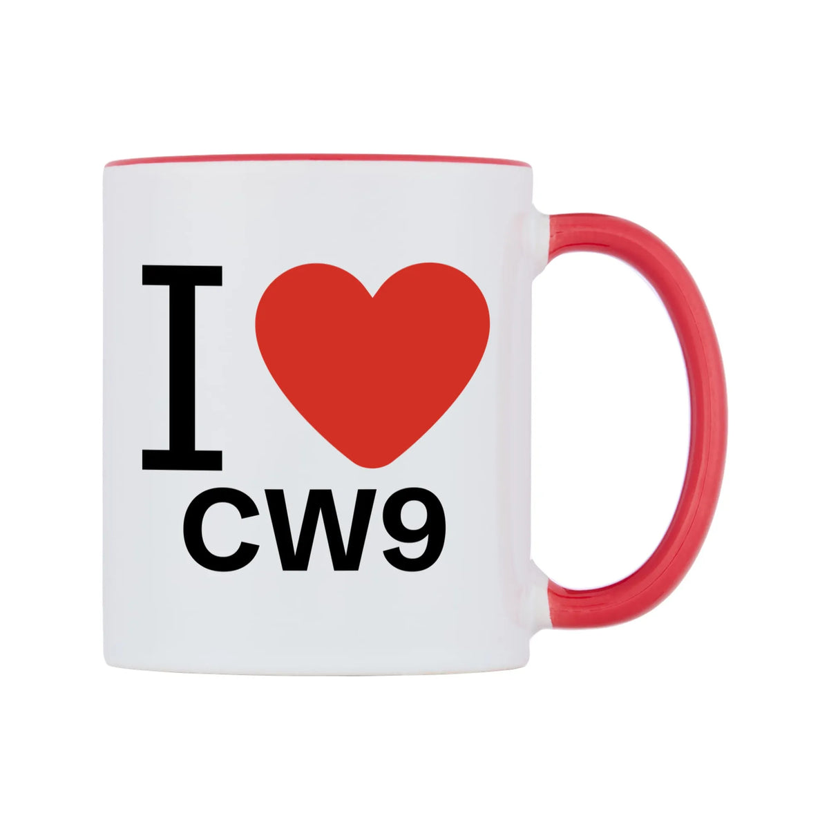 I Love CW9 Mug — white 11oz gloss mug with a red inside and handle, left side, on a white background