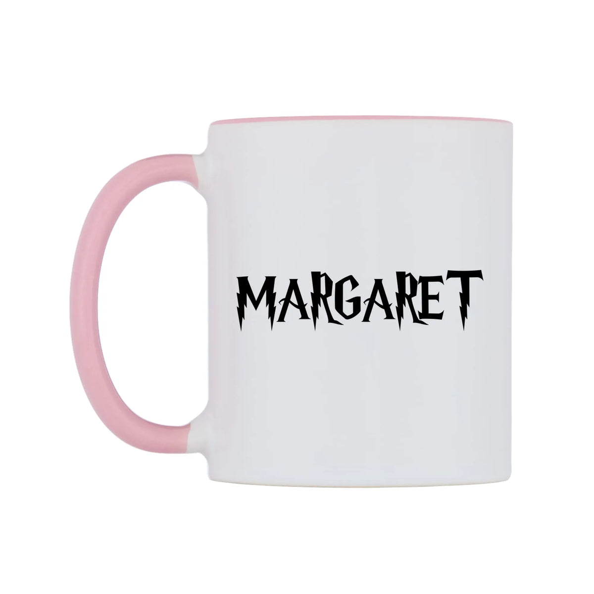 Margaret - Wizard Themed Mug — white 11oz gloss mug with a pink inside and handle, right side, on a white background