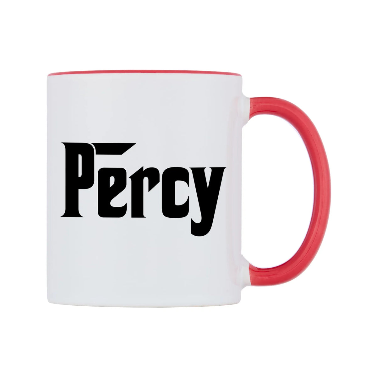 Percy - Godfather Themed Mug — white 11oz gloss mug with a red inside and handle, left side, on a white background