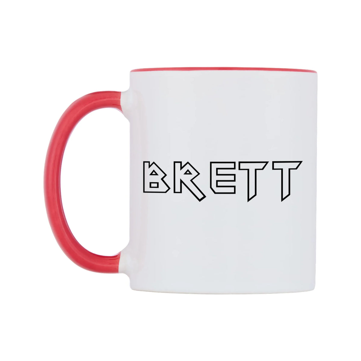 Brett - Iron Maiden Themed Mug — white 11oz gloss mug with a red inside and handle, right side, on a white background