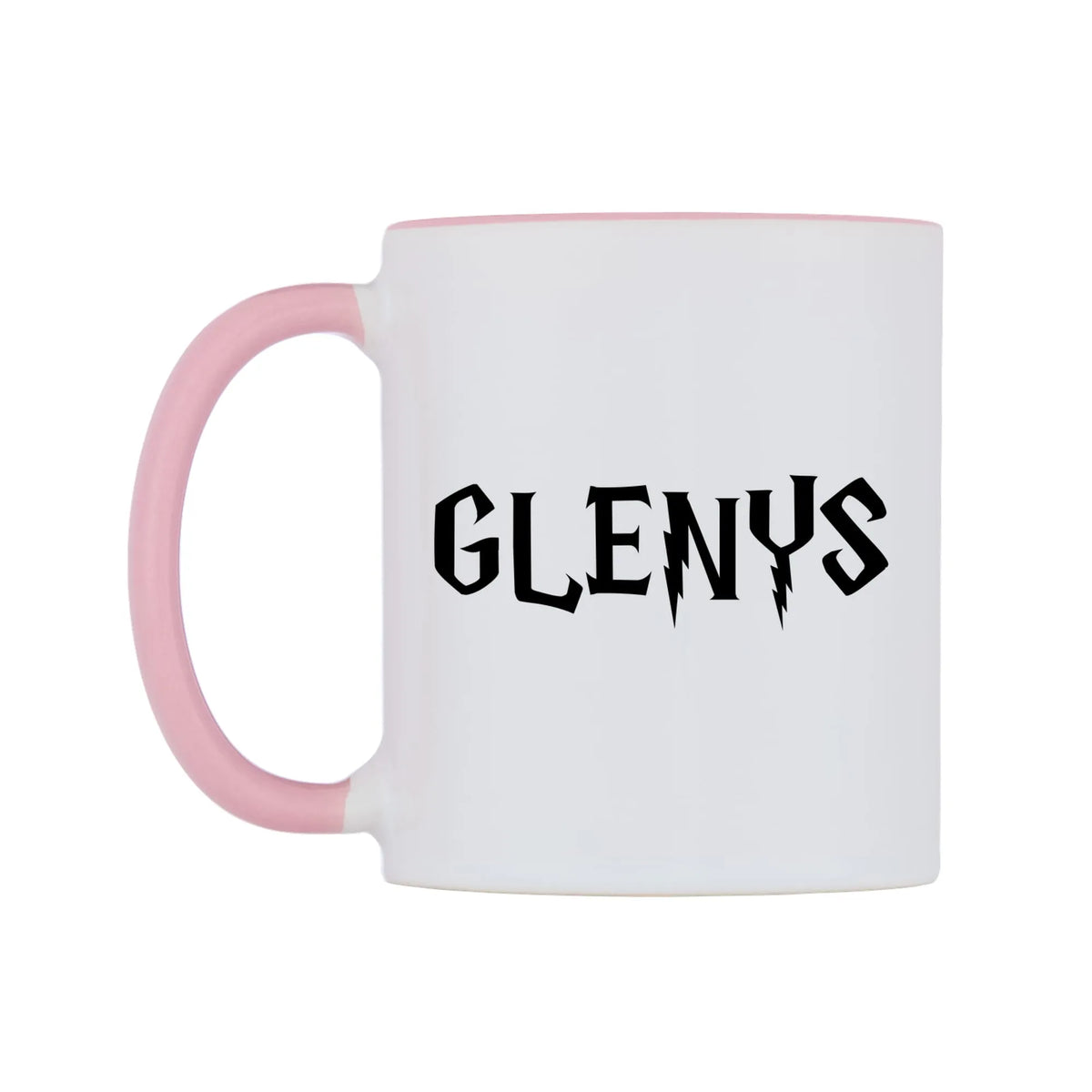 Glenys - Wizard Themed Mug — white 11oz gloss mug with a pink inside and handle, right side, on a white background