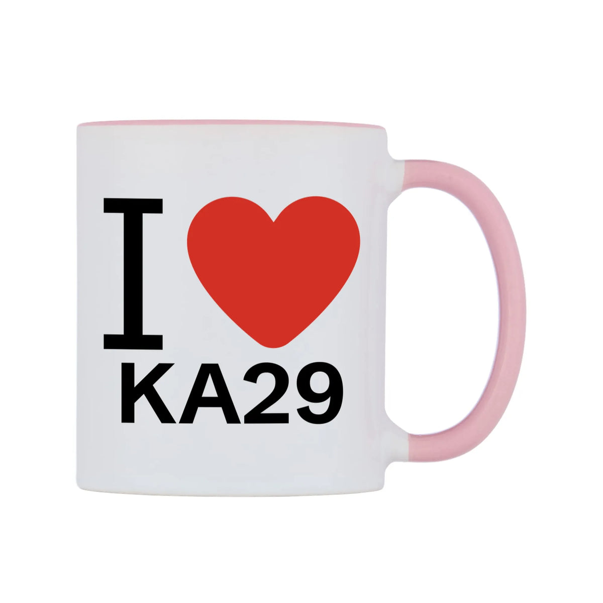 I Love KA29 Mug — white 11oz gloss mug with a pink inside and handle, left side, on a white background