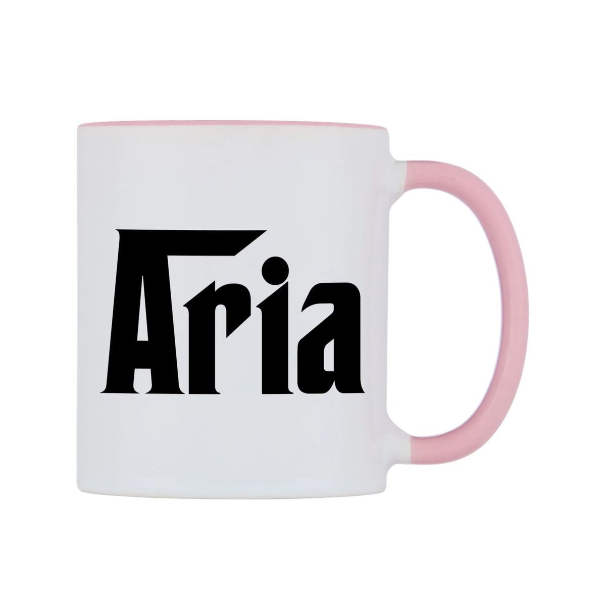 Aria - Godfather Themed Mug — white 11oz gloss mug with a pink inside and handle, left side, on a white background