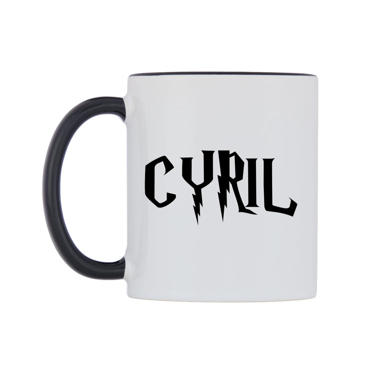Cyril - Wizard Themed Mug — white 11oz gloss mug with a black inside and handle, right side, on a white background