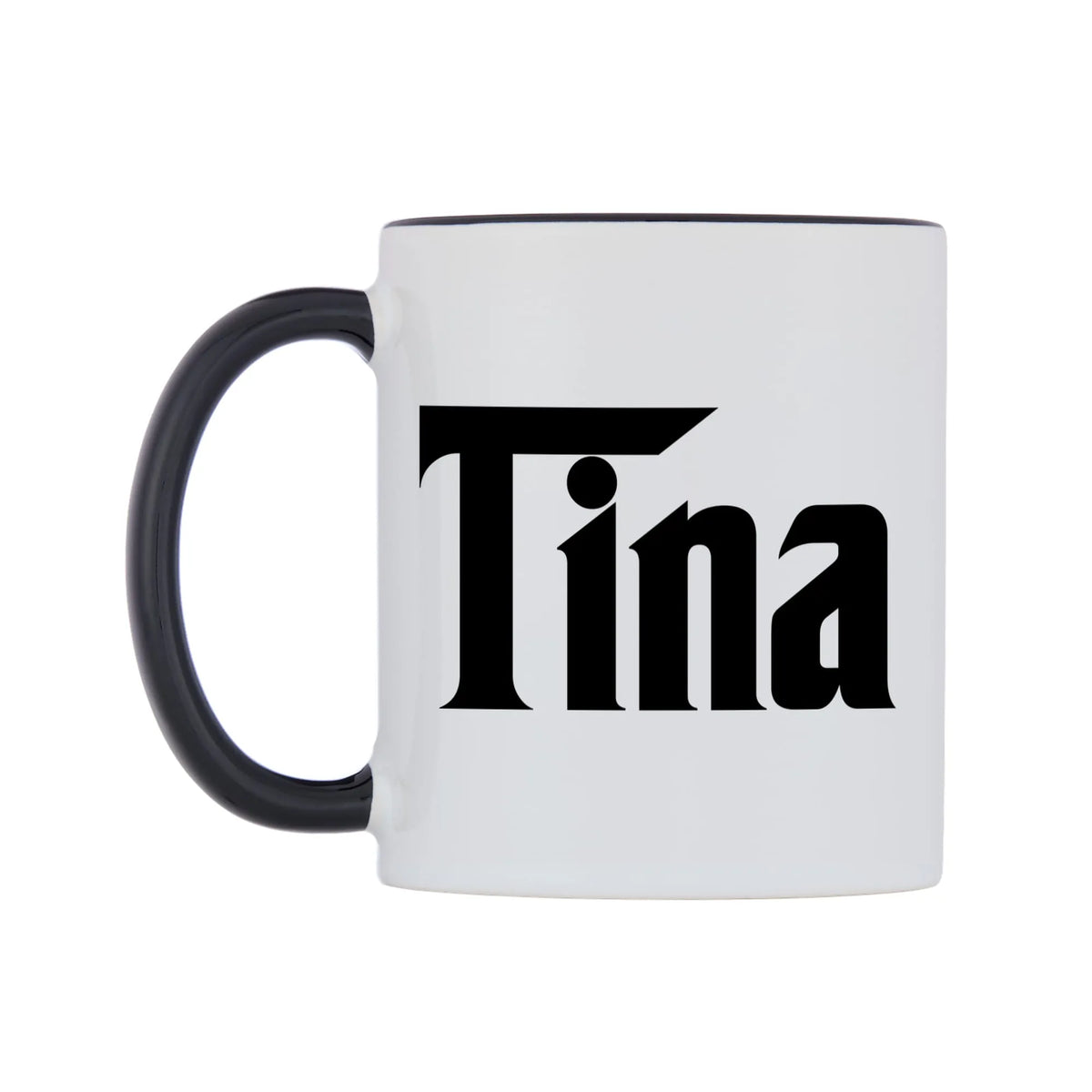 Tina - Godfather Themed Mug — white 11oz gloss mug with a black inside and handle, right side, on a white background