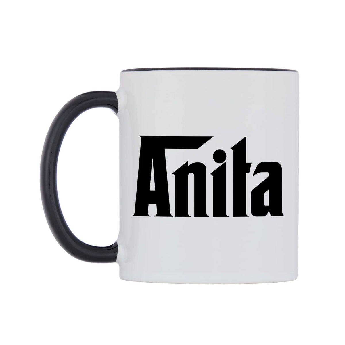 Anita - Godfather Themed Mug — white 11oz gloss mug with a black inside and handle, right side, on a white background