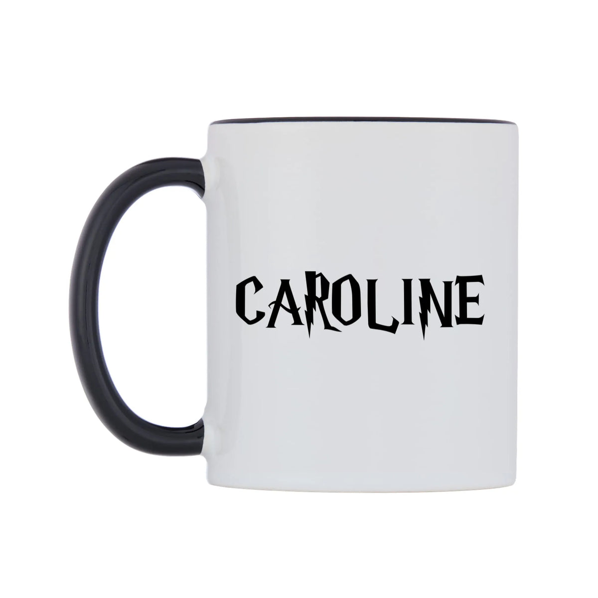 Caroline - Wizard Themed Mug — white 11oz gloss mug with a black inside and handle, right side, on a white background