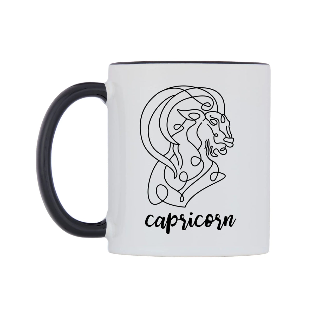 Zodiac Sign Capricorn Mug — white 11oz gloss mug with a black inside and handle, right side, on a white background