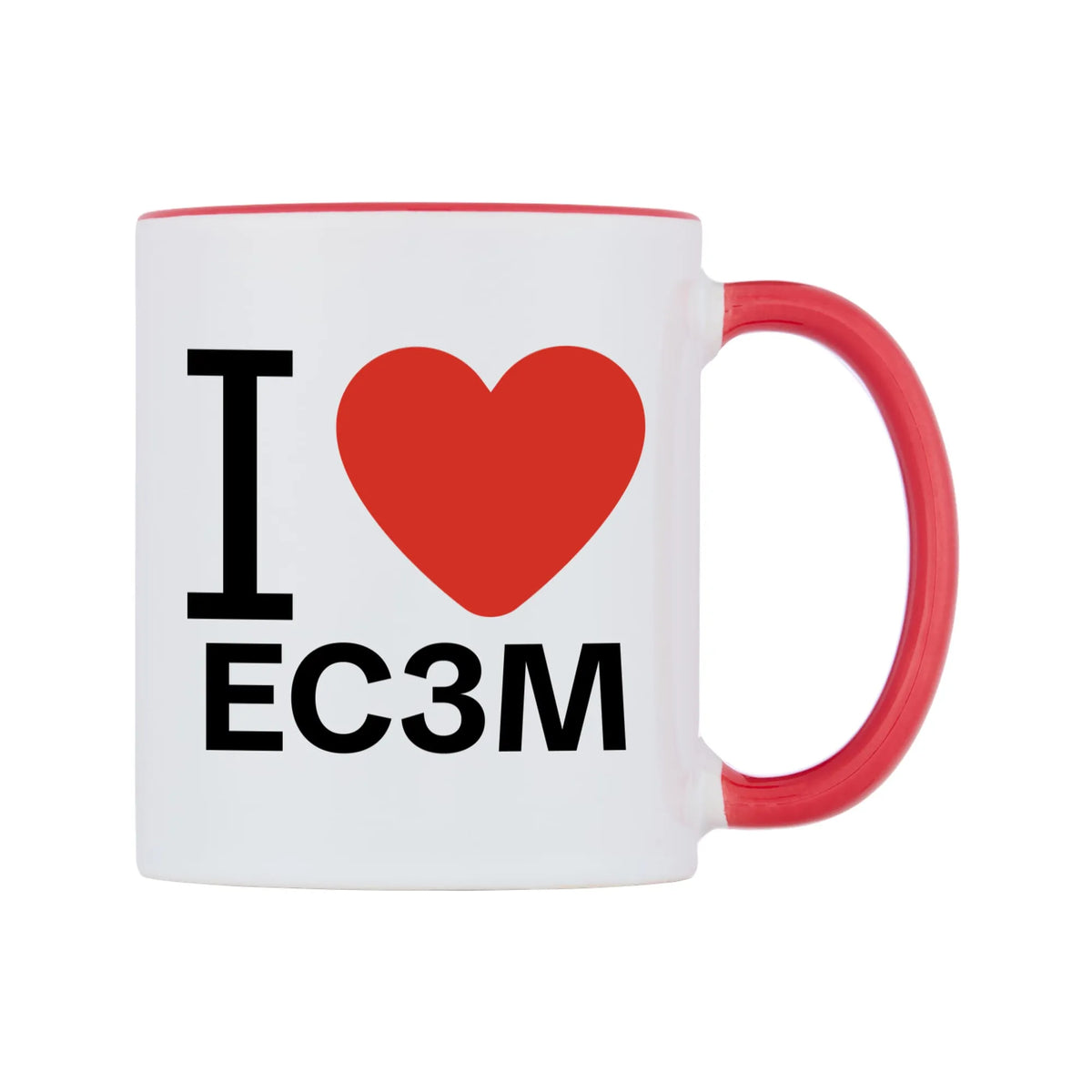 I Love EC3M Mug — white 11oz gloss mug with a red inside and handle, left side, on a white background