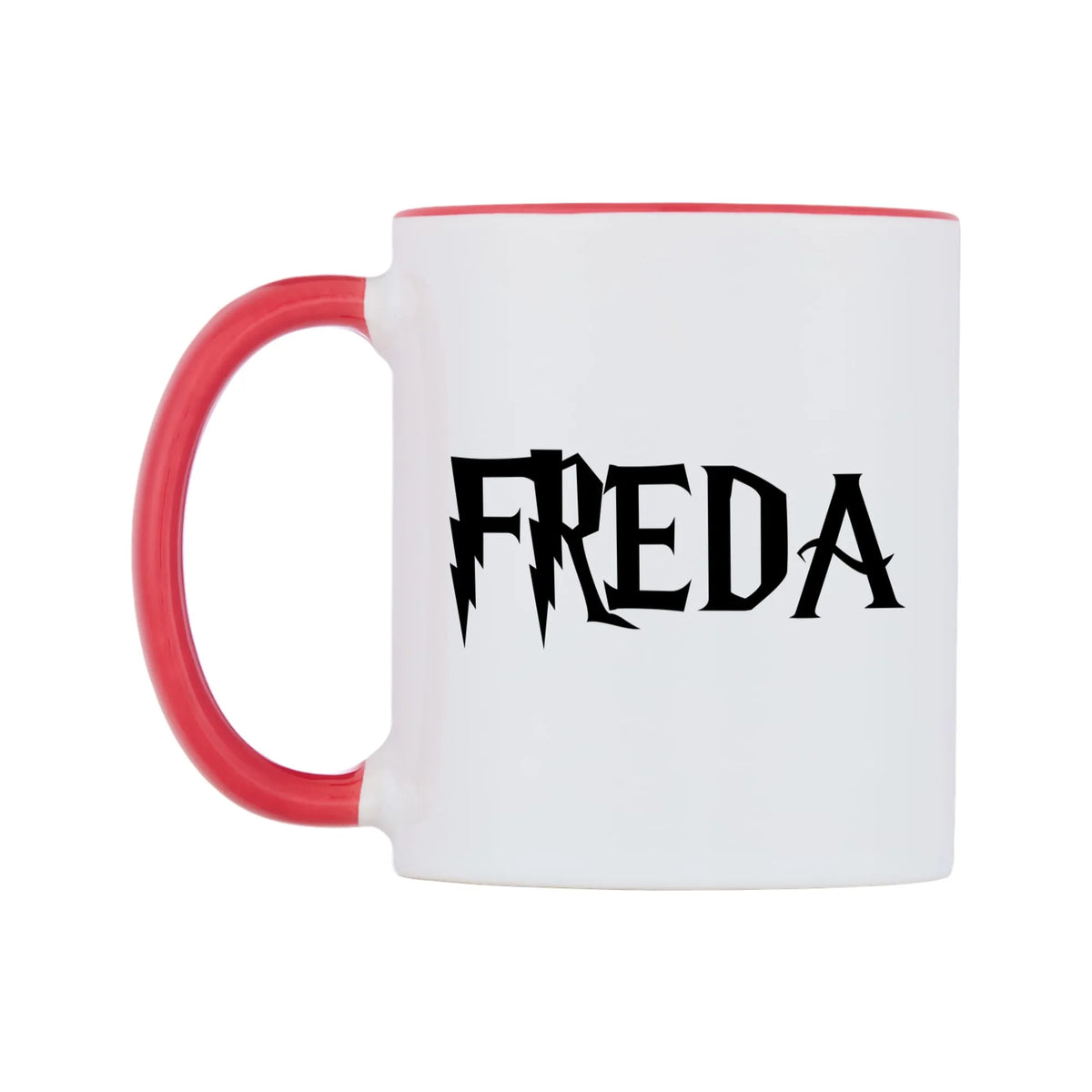 Freda - Wizard Themed Mug — white 11oz gloss mug with a red inside and handle, right side, on a white background