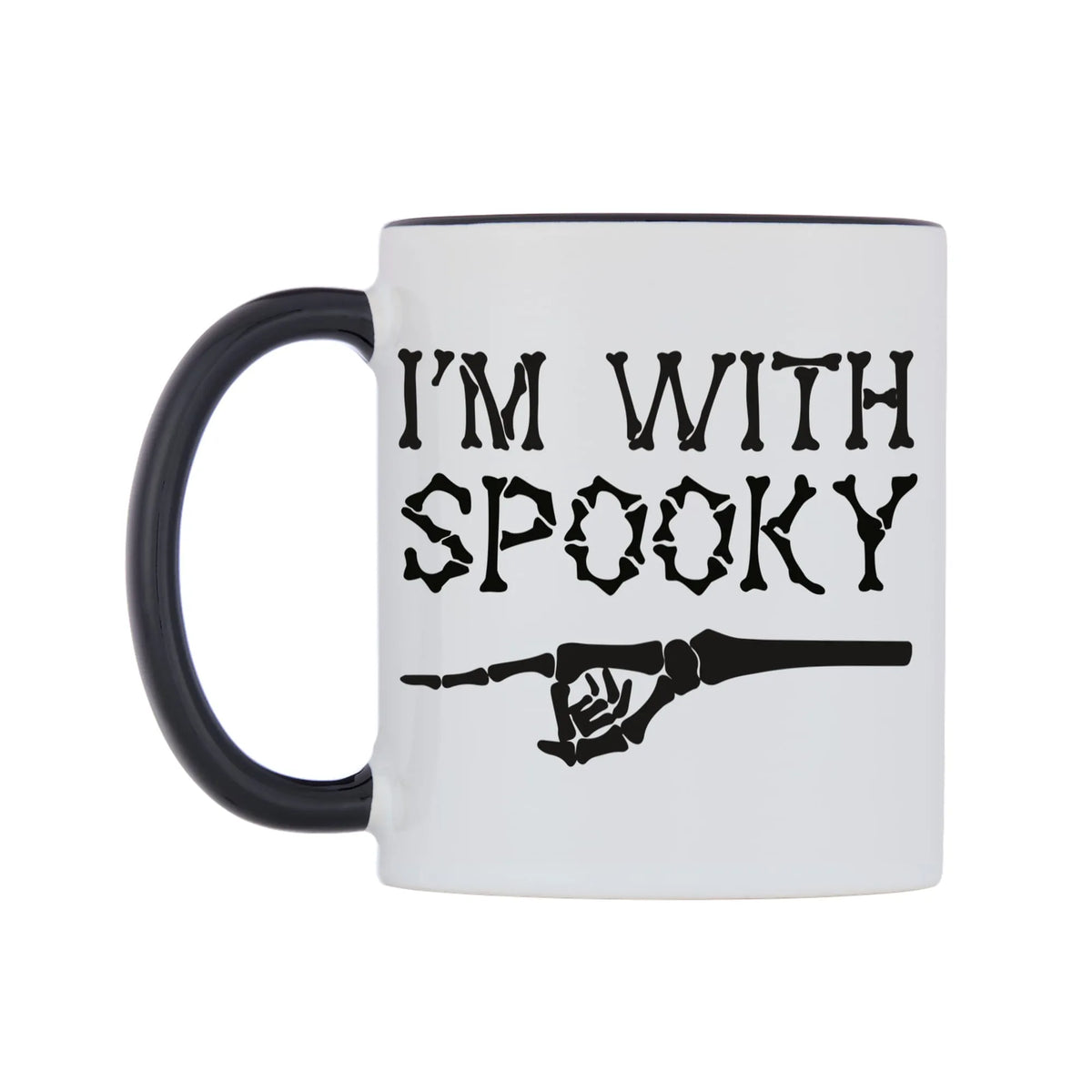 I'm With Spooky Mug — white 11oz gloss mug with a black inside and handle, right side, on a white background
