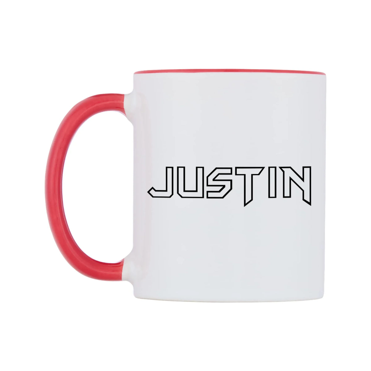Justin - Iron Maiden Themed Mug — white 11oz gloss mug with a red inside and handle, right side, on a white background
