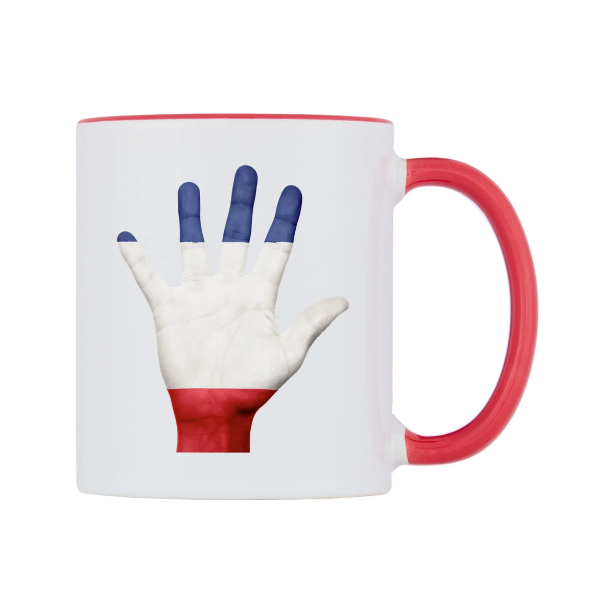 France Hand Flag Mug — white 11oz gloss mug with a red inside and handle, left side, on a white background