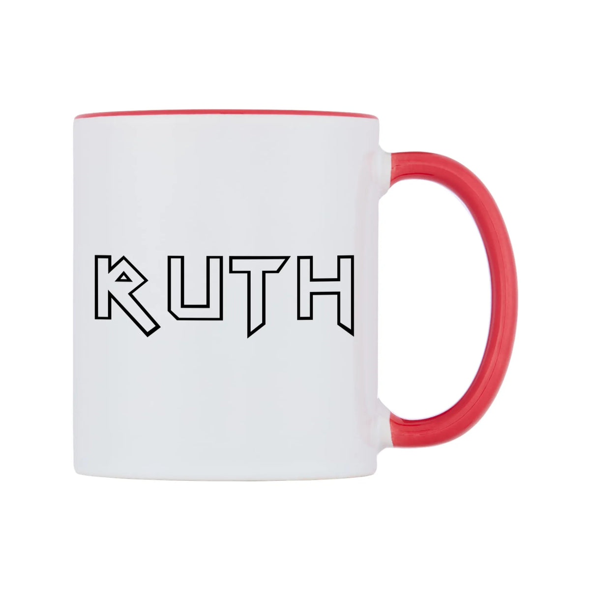 Ruth - Iron Maiden Themed Mug — white 11oz gloss mug with a red inside and handle, left side, on a white background