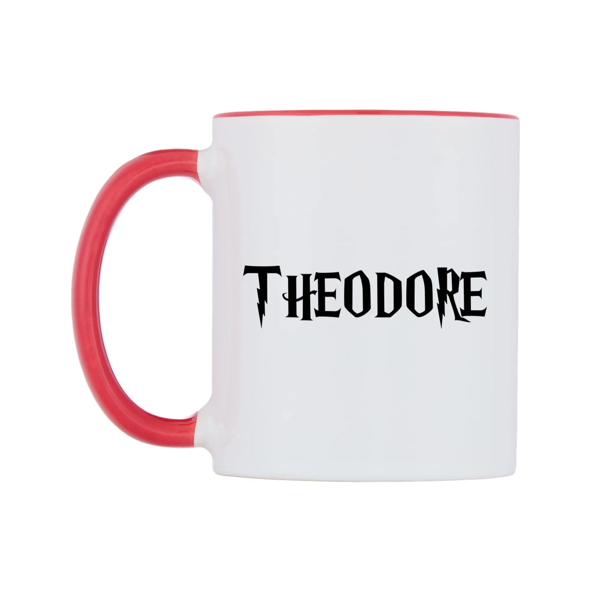 Theodore - Wizard Themed Mug — white 11oz gloss mug with a red inside and handle, right side, on a white background