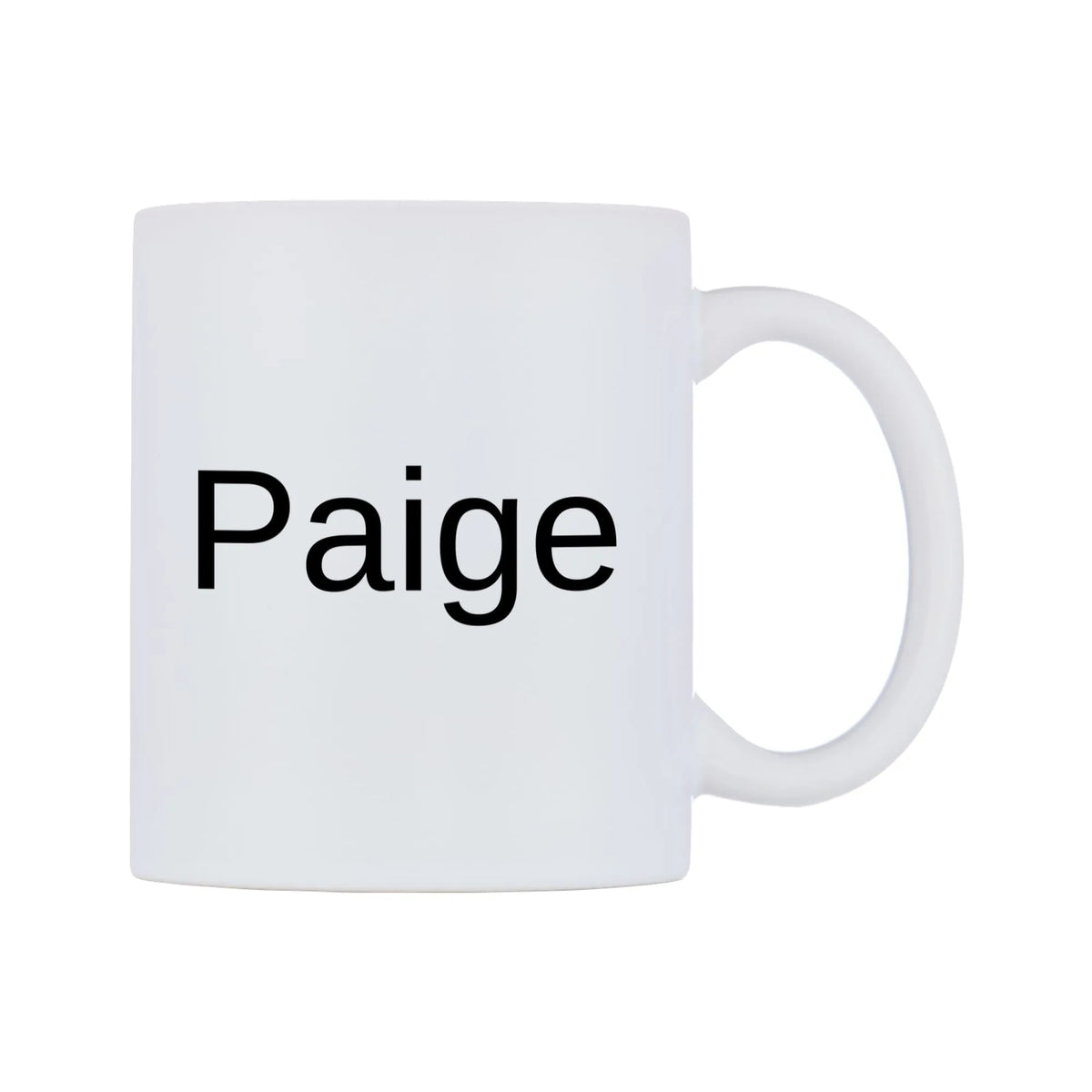 Paige Mug — white 11oz gloss mug, left side, on a white background
