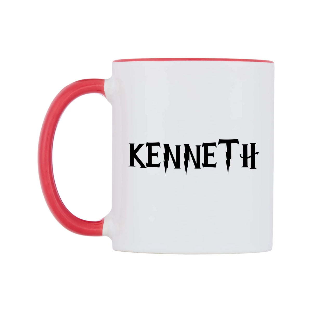 Kenneth - Wizard Themed Mug — white 11oz gloss mug with a red inside and handle, right side, on a white background