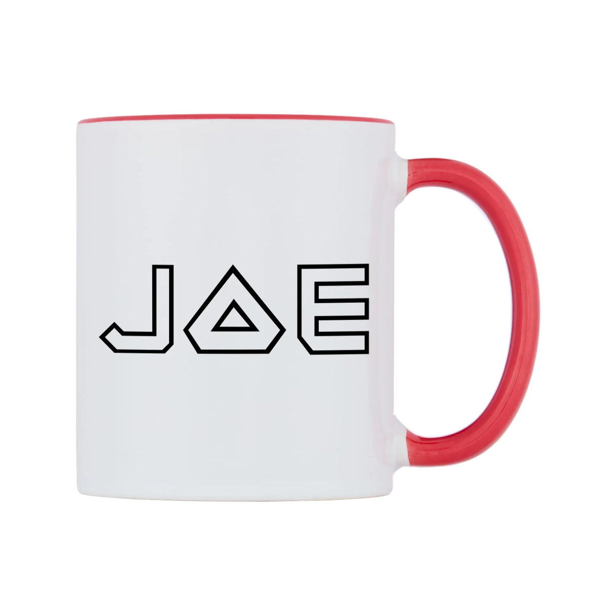 Joe - Iron Maiden Themed Mug — white 11oz gloss mug with a red inside and handle, left side, on a white background