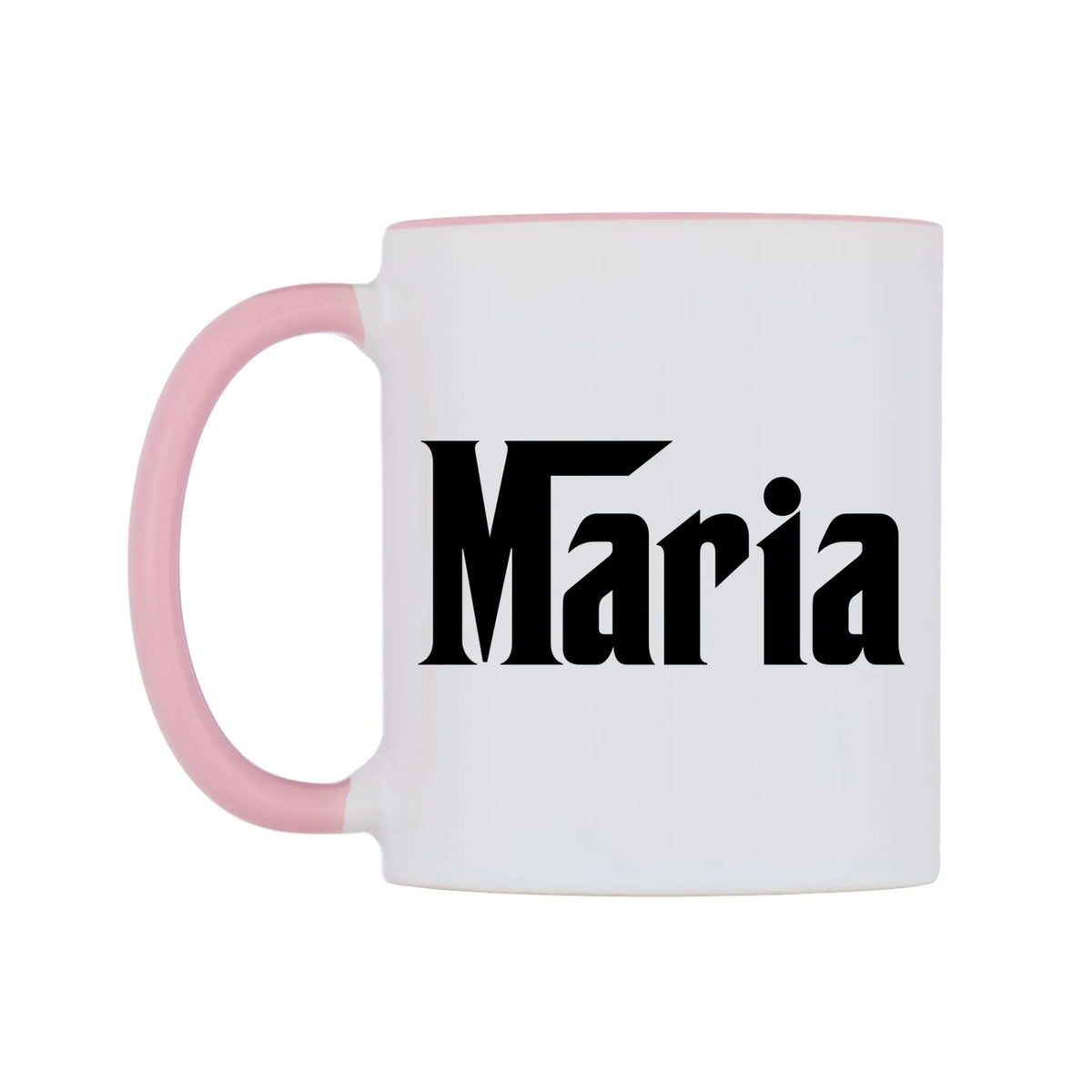Maria - Godfather Themed Mug — white 11oz gloss mug with a pink inside and handle, right side, on a white background