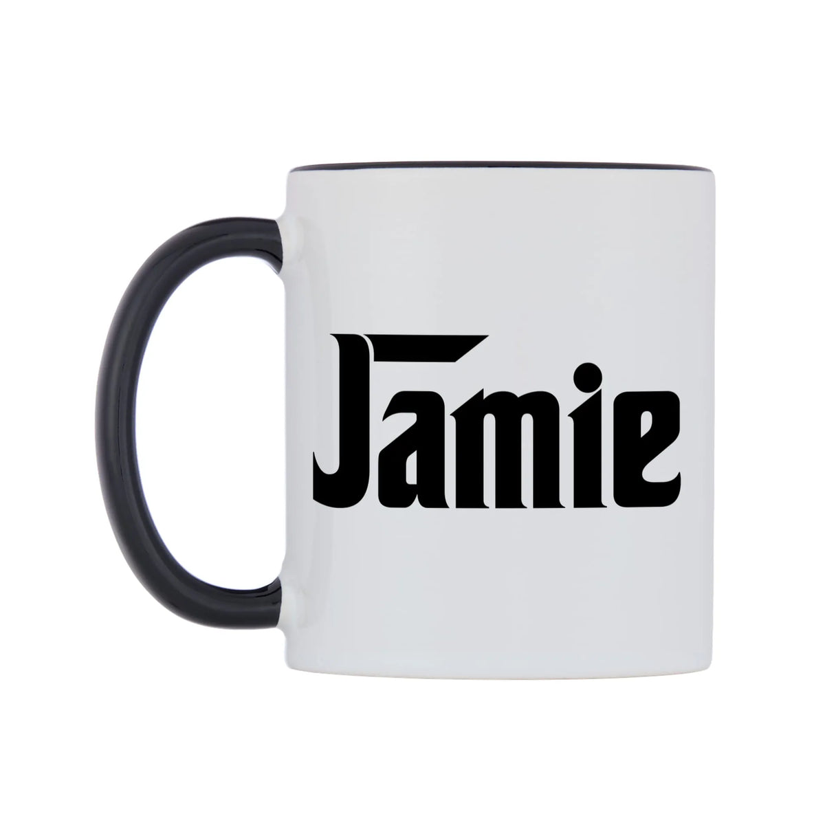 Jamie - Godfather Themed Mug — white 11oz gloss mug with a black inside and handle, right side, on a white background