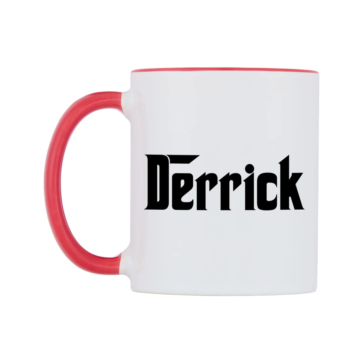 Derrick - Godfather Themed Mug — white 11oz gloss mug with a red inside and handle, right side, on a white background