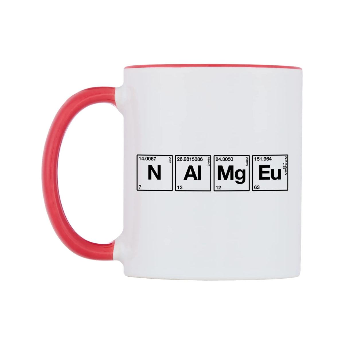 Chemistry Themed Personalised Mug — white 11oz gloss mug with a red inside and handle, right side, on a white background