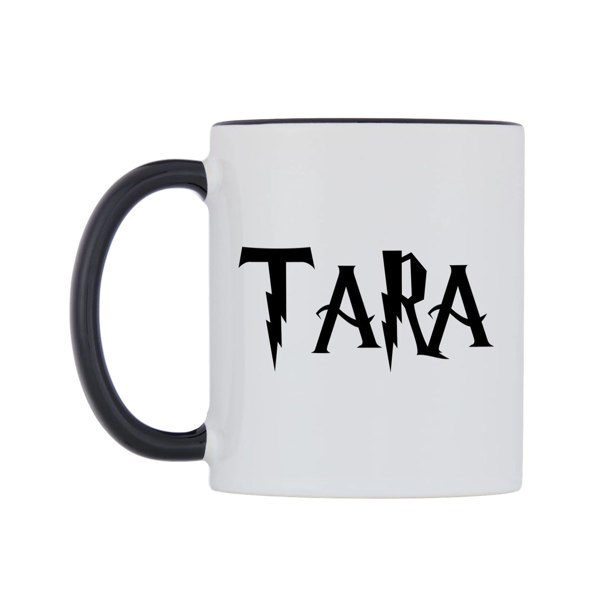 Tara - Wizard Themed Mug — white 11oz gloss mug with a black inside and handle, right side, on a white background