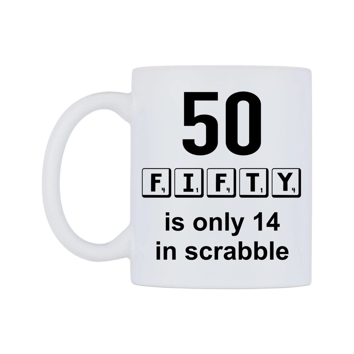 FIFTY is only 14 in Scrabble Mug — mug, right side, on a white background
