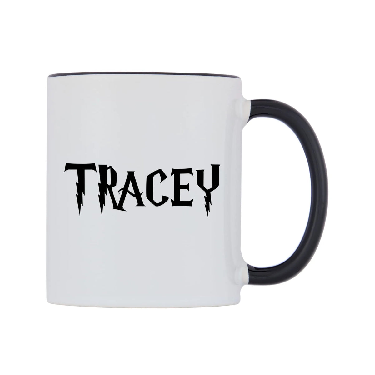 Tracey - Wizard Themed Mug — white 11oz gloss mug with a black inside and handle, left side, on a white background
